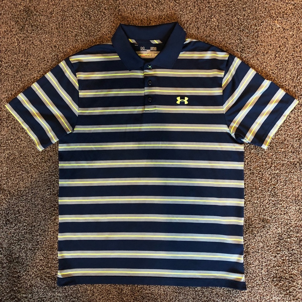 Under Armour Men’s Golf Polo Navy Blue w/ Grey& Lime Green Stripes Size L